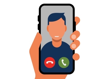 Illustration of hand holding cell phone with face time call notification. 